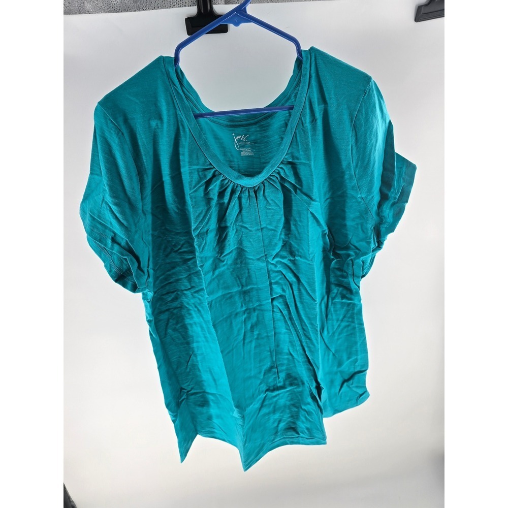 Just My Size Womens Plus 3X Teal Cotton Slub‎ Knit Pleated Scoop Neck T-Shirt